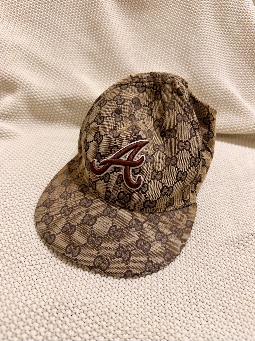 Gucci Brown Monogram Baseball Cap with Burgundy 'A' Patch
